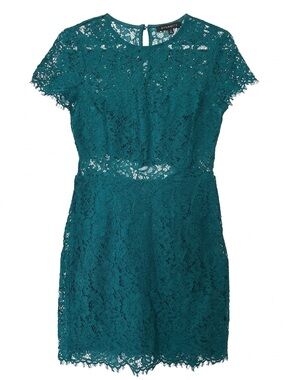 EUC Stunning Teal Mini Dress Floral Lace Detail Sheer Waistline Peekaboo Sz Sm